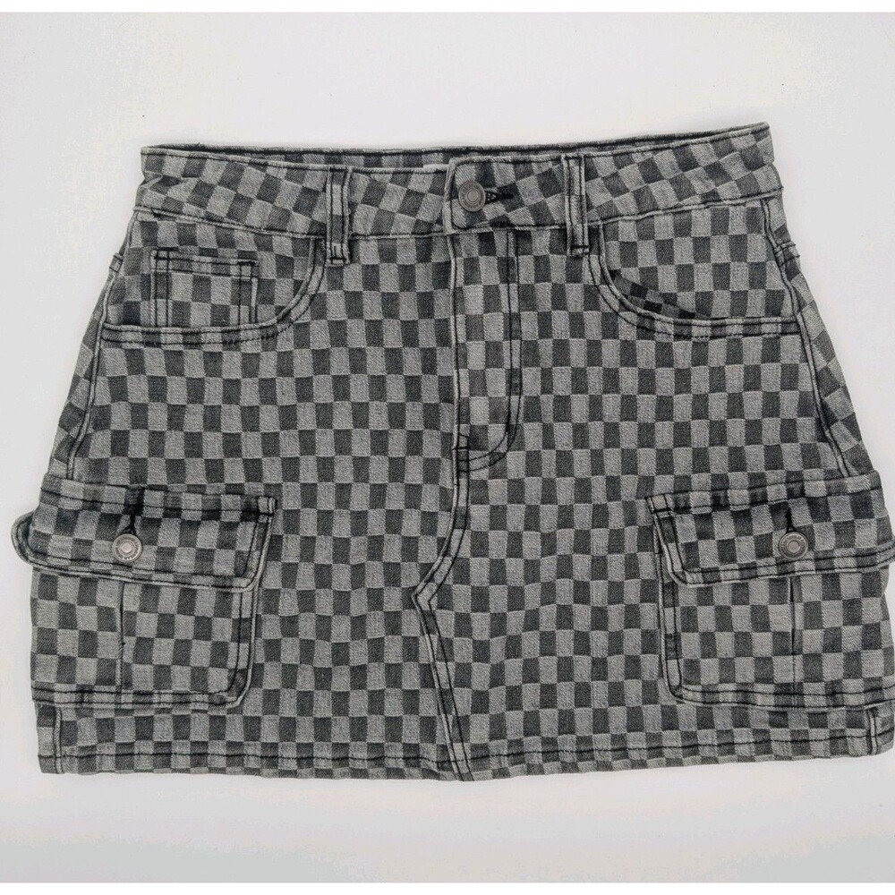 Sm. Women’s Y2K Style Checkerboard Denim Cargo Mini Skirt Gray Black Annie Wear